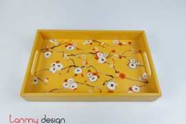 Yellow rectangular lacquer tray with hand-painted peach blossoms 18*30 cm